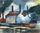 Fernando Farulli, Factory, On the reverse: Galleria d'Arte L'Indiano label with details of the work and signature of Piero Santi.