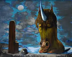 The dream of the Leocorno by Sergio Vacchi, 1976, Signature and date lower right; title bottom center. On the reverse: signature, offered Apr 2024