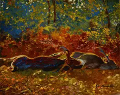 Plinio Nomellini, I daini morti, 1904, oil on cardboard