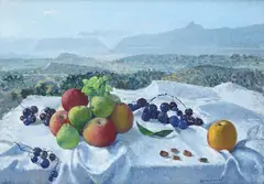 Giovanni Colacicchi, Fruit on the tablecloth, Signature bottom right. On the reverse: handwritten label with the author's name and title; XVII Biennale d'Arte