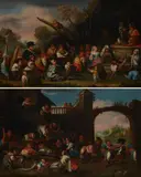 Enrico Albrici, La Processione dei nani; Il nano salvato, Coppia di dipinti. Provenienza: Galleria Bertogalli
