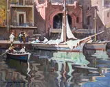 Alfredo Sablautzki, Boats in the port, Sign at the bottom to the left. On the reverse: signature and title.