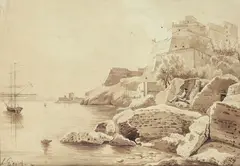 Ercole Gigante, The fortress on the sea, Sign at the bottom to the left.