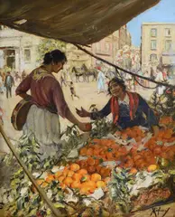 Women at the market by Vincenzo Migliaro, Signature bottom right. On the reverse: Montecatini Terme Art Gallery label., offered Feb 2024