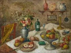 Dante Bertini, Still life with set table, Signature bottom right.
