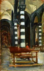 Alphons Hollaender, Interior of the Cathedral of Volterra, Sign at the bottom to the left. On the reverse: La Stanzina stamp