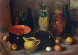 Corrado Michelozzi, Still life with bottles and fruit, Initials bottom left. On the reverse: signature.