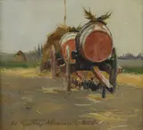 Raffaello Gambogi, Wagons with barrels, Signature and dedication at the bottom center. On the reverse: Athena Art Gallery stamp