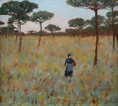 Ferruccio Pagni, Figure in pine forest, Traces of signature at bottom right. Declaration of authenticity by Prof. Francesco Bosetti.