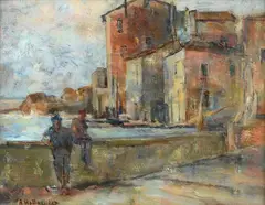 Alphons Hollaender, Coastal town with figures, Sign at the bottom to the left. Certificate of origin La Stanzina Art Gallery