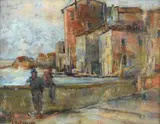 Alphons Hollaender, Coastal town with figures, Sign at the bottom to the left. Certificate of origin La Stanzina Art Gallery