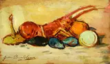 Giovanni Bartolena, Lobster and seafood, Sign at the bottom to the left. On the reverse: La Stanzina stamp