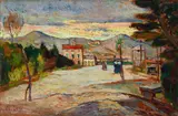 Ulvi Liegi, Landscape with houses and nuns, Signature bottom right and bottom left. On the reverse: signature.