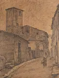 Benvenuto Benvenuti, Street with figures, Sign at the bottom to the left.