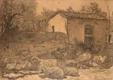 Benvenuto Benvenuti, Cottage with flock, Signature bottom right.