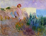 Plinio Nomellini, Landscape with woman and sea in the background, Sign at the bottom to the left.