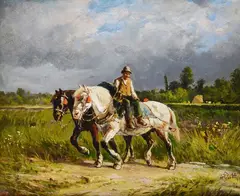 Alfredo Protti, Country scene with buttero and horses, Signature bottom right.