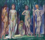Ludolf Verworner, Female nudes in the woods, Oil painting on canvas