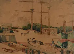 Léon de Smet, Boats in port, Sign at the bottom to the left.