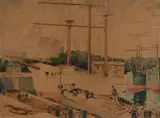 Léon de Smet, Boats in port, Sign at the bottom to the left.