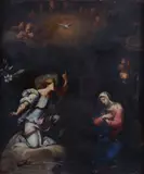 Étienne Villequin, Annunciation, 1655, Coeval frame in carved and gilded wood. Expertise by Sylvain Kerspern. In an interior immersed in darkness