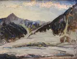 Mario Bertola, Winter in the mountains, 1920, Signature and date lower right. On the reverse: ancient scroll with title.