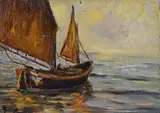 Carlo Follini, Marina with boat, Sign at the bottom to the left.