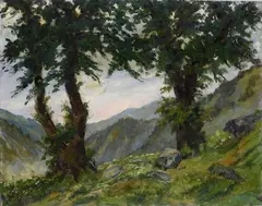 Vittorio Gussoni, Landscape with trees, Sign at the bottom to the left.