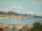 Alfonso Muzii, Landscape with port, Signature at the top right.