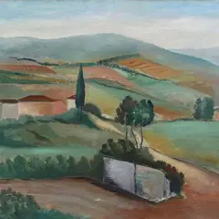 Colline by Achille Lega, 1928, Sul verso: firma e data; sul telaio: etichetta dattiloscritta "44/Colline -, offered Oct 2023