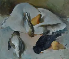 Still Life with Birds and Pears (front); Pisces (back) by Mario Bucci, offered Jul 2023