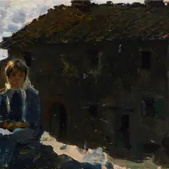 Federico Andreotti, Woman on the low wall and cottage in the background, 1886, Signature lower right. On the reverse