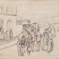At the station by Eugenio Cecconi, Sign at the bottom to the left., offered Jul 2023
