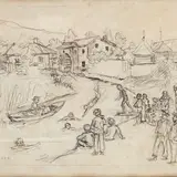 Eugenio Cecconi, The bathrooms, Sign at the bottom to the left; title lower right.