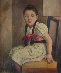 Portrait of little girl in the chair by Fausto Magni, Sign at the bottom to the left., offered Jul 2023