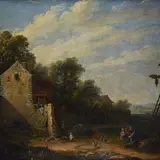 a Antoine Lebel, Paesaggio rurale con figure, oil on canvas