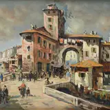 Achille Dovera, Glimpse of the city, Sign at the bottom to the left.