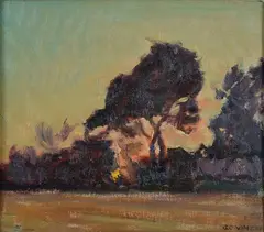 Pine forest at sunset by Giulio Cesare Vinzio, Signature lower right., offered Jun 2023