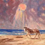 Plinio Nomellini, Horse on the beach, Sign at the bottom to the left. On the reverse: La Barcaccia stamps