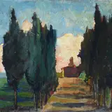 Giovanni Bartolena, Road with cypresses and cottage, Sign at the bottom to the left. On the reverse: Galleria Milano labels; property label Giuseppina Ceretti - Gus
