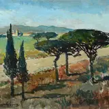 Giovanni Bartolena, Landscape with trees, Sign at the bottom to the left.