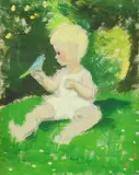 Anna Zinkeisen, Baby and Budgerigar, Sul verso: etichetta Fosse Gallery