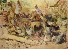 Peasant woman with chickens by Sergio Bissi Cirno, 1957, offered May 2023