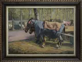 Eugen Osswald, Horses with chariot, Sign at the bottom to the left.