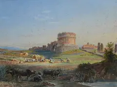 Giuseppe Costantini, View of the Mausoleum of Cecilia Metella with shepherds and herds, 1877
