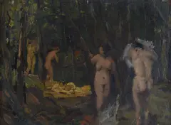 Paul Erbe, Bathers in the forest, Sign at the bottom to the left. On the reverse: ancient manuscript cartouche with declaration of authenticity