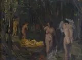Paul Erbe, Bathers in the forest, Sign at the bottom to the left. On the reverse: ancient manuscript cartouche with declaration of authenticity