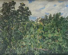 Landscape by Carl Schroder, On the reverse: stamps and typed label with author's signature., offered Apr 2023