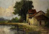 Arturo Ferrari, Farmhouse on the canal with peasant woman, Signature lower right.