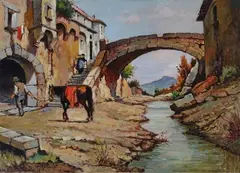 Aldo Affortunati, Landscape with Bridge, Sign at the bottom to the left.
